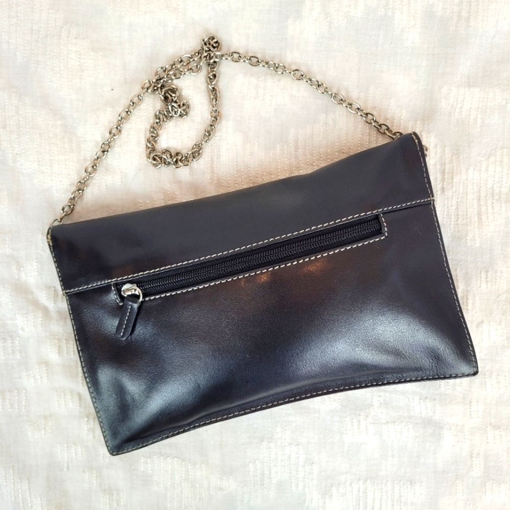 ili New York small black leather envelope clutch silver clasp chain strap edgy - Picture 2 of 9